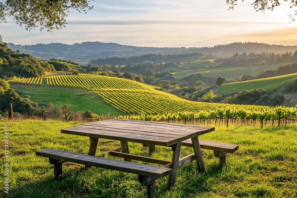 Scenic vineyard view with wooden picnic table at sunset. Scenic vineyard view with wooden picnic table at sunset.