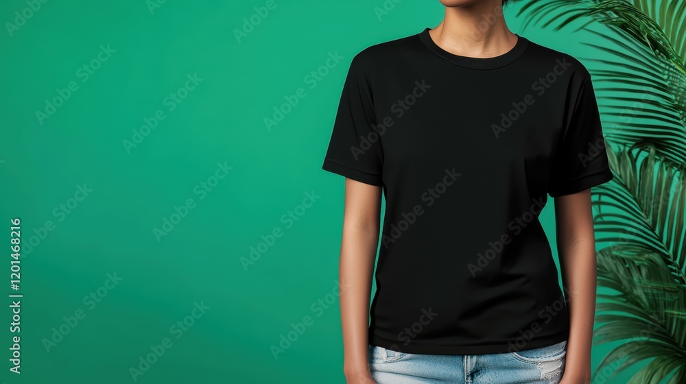 Fototapeta premium A model wears a black t-shirt and jeans against a vibrant green background, complemented by a lush plant, showcasing a casual fashion style.