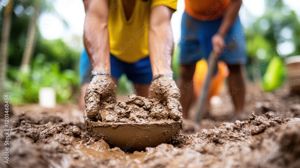 Fototapeta premium Masons skillfully applying mortar on a vibrant construction site