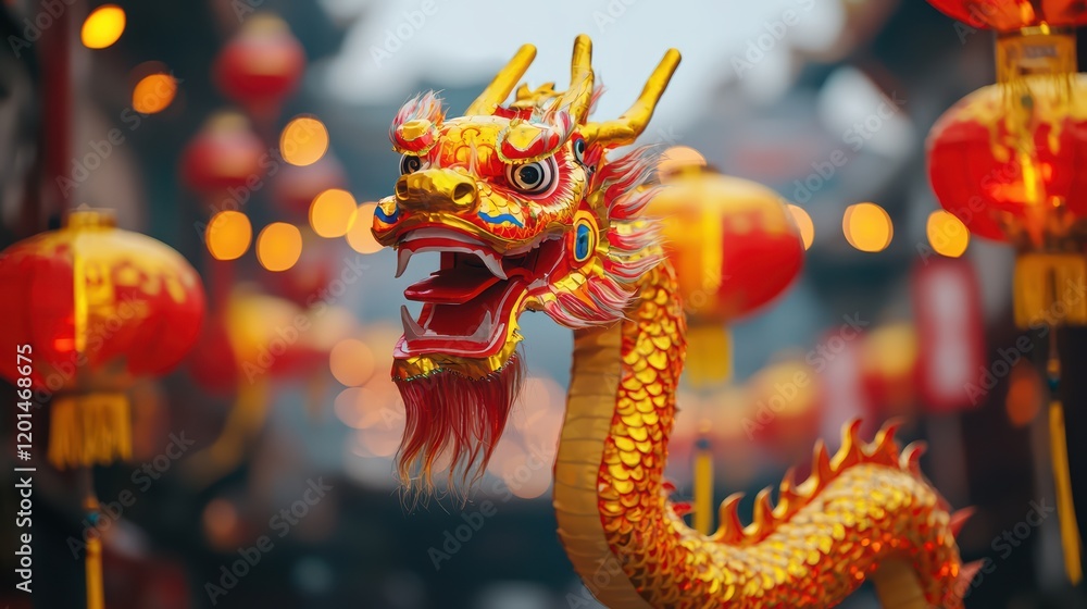 Obraz premium A vibrant dragon statue stands amidst colorful lanterns, symbolizing celebration and culture in a festive setting, Chinese-Lunar New year.