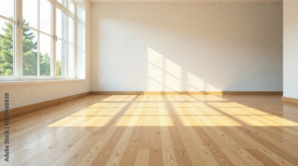Empty Room with Sunlight Streaming Through a Window and Light Wooden Floor Empty Room with Sunlight Streaming Through a Window and Light Wooden Floor