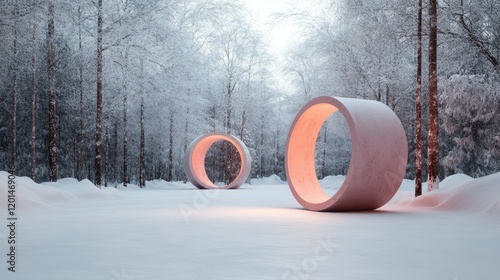 Two mysterious circular structures glowing in a snowy forest landscape, inviting a sense of wonder and intrigue while exploring the relationship between nature and abstract forms. photo