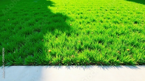 Lush Green Grassy Lawn Beside a Light Gray Concrete Walkway, Illuminated by Sunlight Showing Vibrant Green Blades and Small Yellow Fungi
