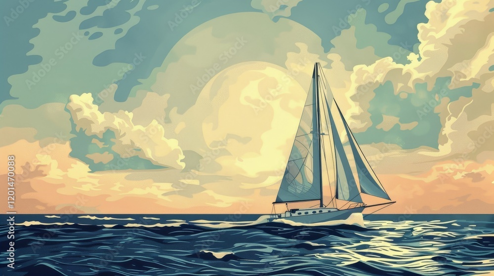 Naklejka premium A serene sailboat glides across calm waters under a vibrant sunset sky filled with clouds.
