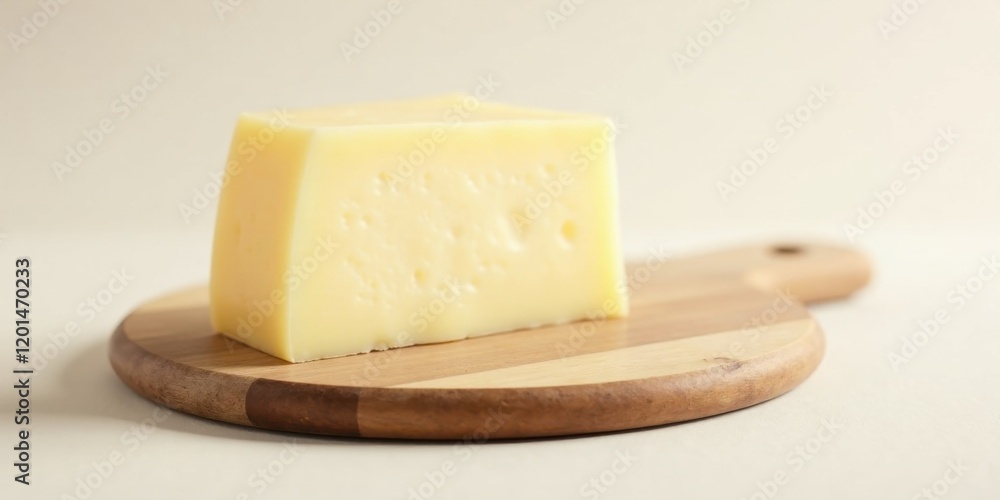 A delectable wedge of pale yellow cheese rests elegantly on a rustic wooden board, ready to be savored. A delectable wedge of pale yellow cheese rests elegantly on a rustic wooden board, ready to be savored.