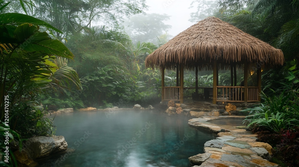 Misty morning at a tranquil outdoor hot spring spa with a thatched roof gazebo. Misty morning at a tranquil outdoor hot spring spa with a thatched roof gazebo.