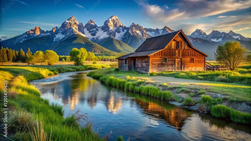Naklejka premium Rustic Barn by Creek, Teton Mountains Sunrise - Scenic Wyoming Landscape