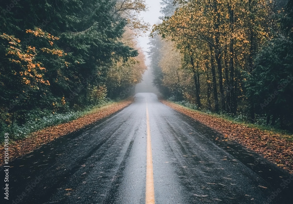 Misty autumn road through lush forest.