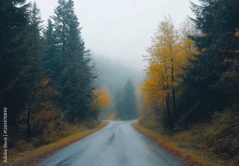 Misty autumn road winding through lush forest with vibrant yellow foliage. Misty autumn road winding through lush forest with vibrant yellow foliage.