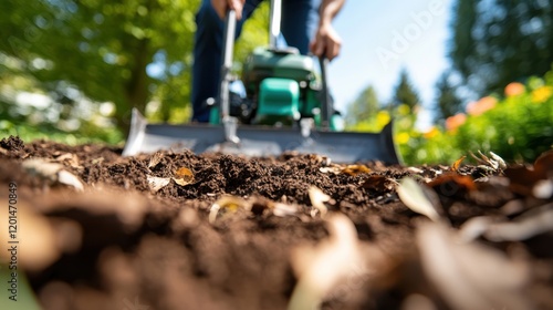 Wallpaper Mural Preparing lush soil for a vibrant garden with a tiller on sunny day Torontodigital.ca
