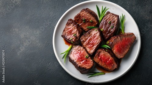 A beautifully arranged plate of perfectly cooked steak slices, showcasing their grilled texture, rich color, and tantalizing sheen ideal for culinary appetites. photo