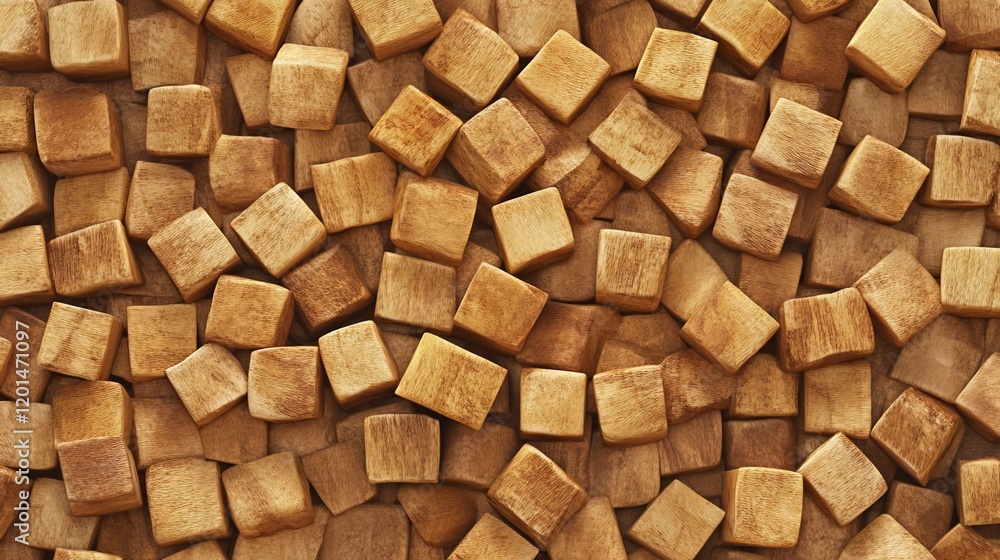 Close-up view of many small, light brown wooden cubes arranged together, creating a textured background. Close-up view of many small, light brown wooden cubes arranged together, creating a textured background.
