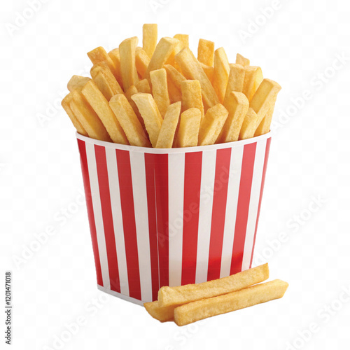 abstract 3d crispy French fries in striped container or red bucket isolated on white background