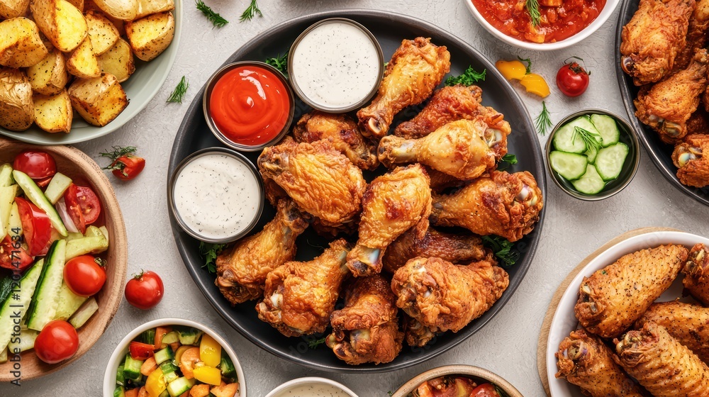 Fototapeta premium A vibrant spread featuring crispy chicken drumsticks, dipping sauces, and fresh sides, perfect for gatherings and celebrations, Metabolic Syndrome, Junk foods.