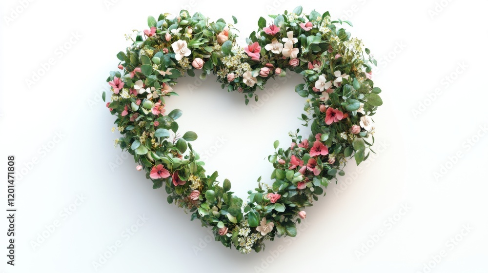 Heart-Shaped Wreath Made of Green Leaves and Colorful Flowers Perfect for Decorations Celebrating Love, Weddings, Anniversaries, or Home Accents in a Light Background