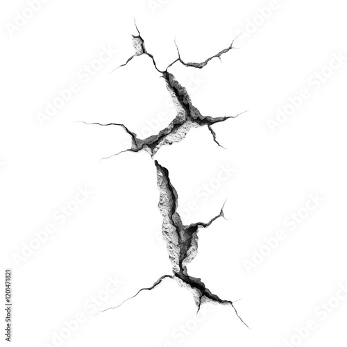 Large crack with sharp edges, isolated on transparent cutout background