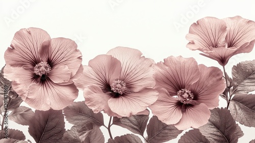Wallpaper Mural Sepia-toned close-up of four hibiscus flowers and leaves against a white background. Torontodigital.ca