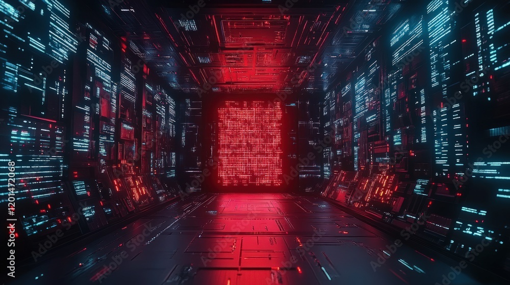 Futuristic red and blue digital corridor with glowing data streams and a central portal. Futuristic red and blue digital corridor with glowing data streams and a central portal.