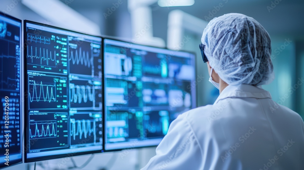 A medical professional analyzes data on multiple screens in a high-tech environment, showcasing advanced healthcare technology. A medical professional analyzes data on multiple screens in a high-tech environment, showcasing advanced healthcare technology.