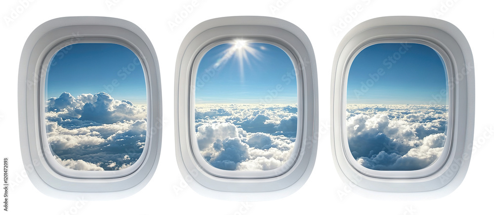 Airplane windows framing a peaceful cloudscape, ideal for aviation or wanderlust designs, isolated on transparent cutout background Airplane windows framing a peaceful cloudscape, ideal for aviation or wanderlust designs, isolated on transparent cutout background