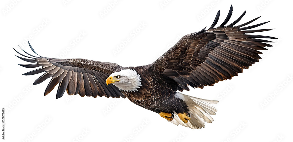 Fototapeta premium Bald eagle in mid-flight, isolated on transparent cutout background