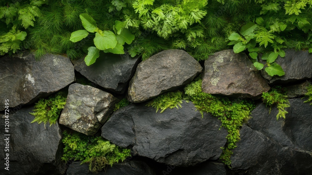 A captivating view of a stone wall adorned with lush green moss and a variety of small plants, showcasing nature's resilience and the beauty of life among rock formations. A captivating view of a stone wall adorned with lush green moss and a variety of small plants, showcasing nature's resilience and the beauty of life among rock formations.