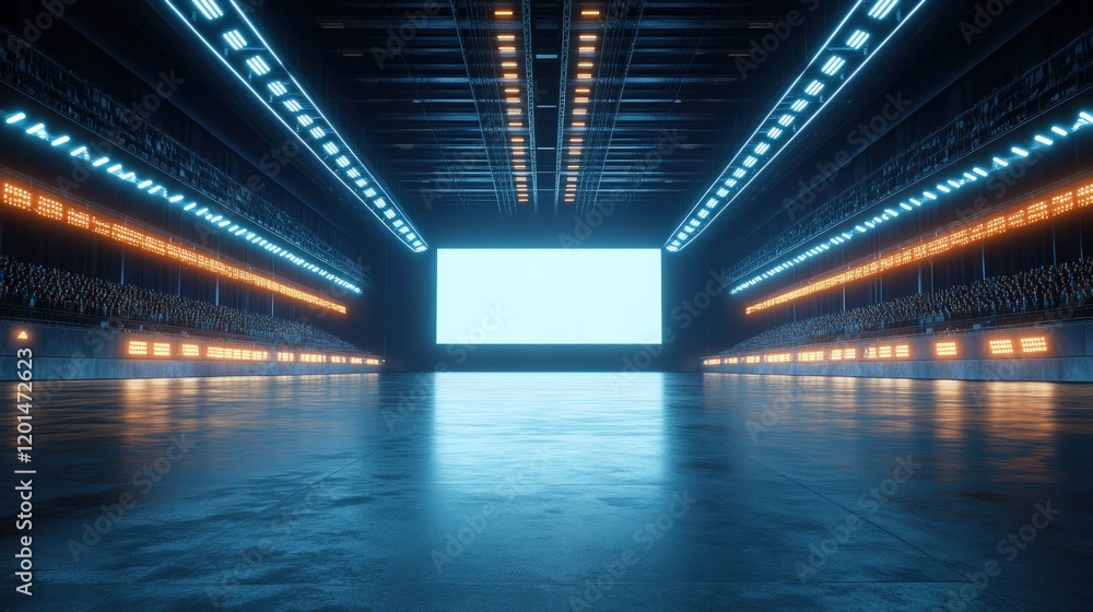 Futuristic empty hall with vibrant neon lighting and a large blank screen.
