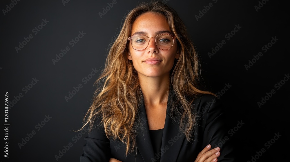 A young woman with glasses, dressed in a business suit, exudes confidence and professionalism against a simple dark background, embodying modern sophistication. A young woman with glasses, dressed in a business suit, exudes confidence and professionalism against a simple dark background, embodying modern sophistication.