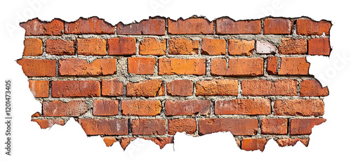 Cracked red brick wall fragment, isolated on transparent cutout background © PNGuin Studio