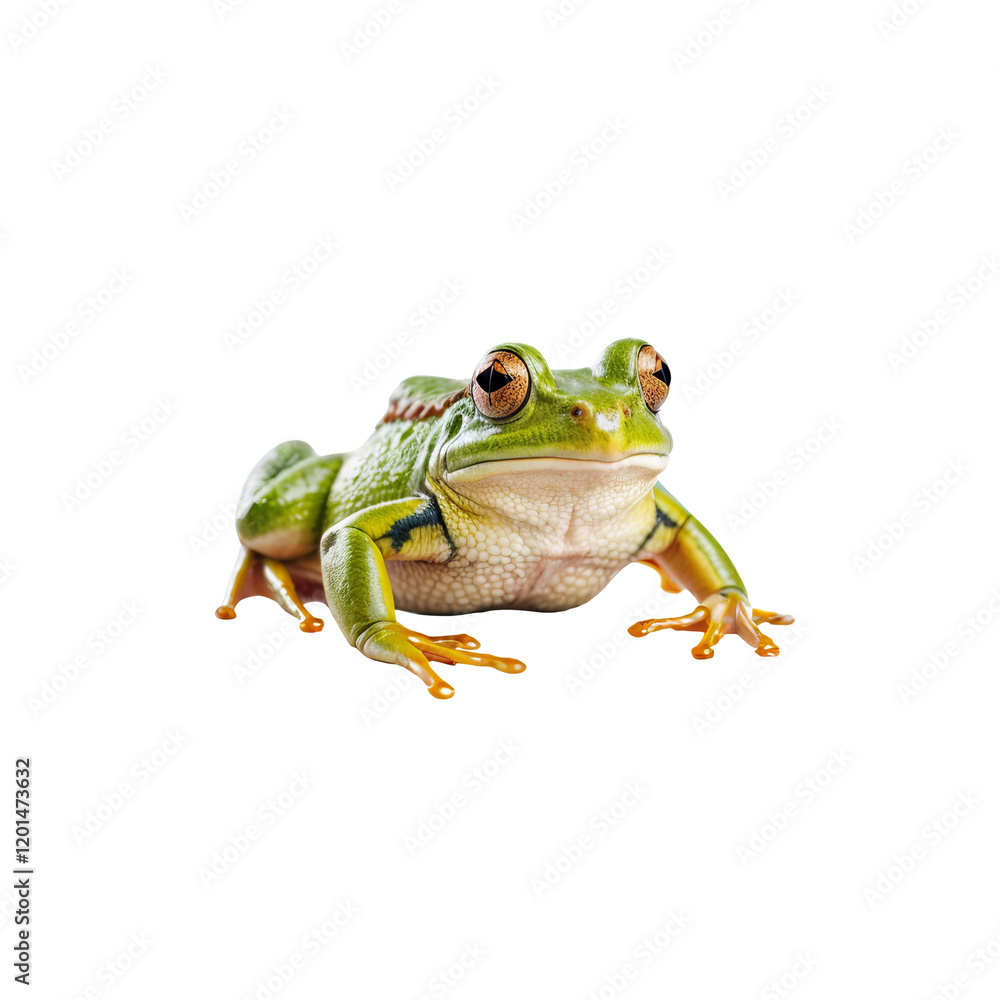 Obraz premium Vibrant Frog Portrait: A captivating close-up of a vivid green frog, showcasing its intricate skin texture, bulging eyes, and poised stance on a clean, minimalist backdrop.
