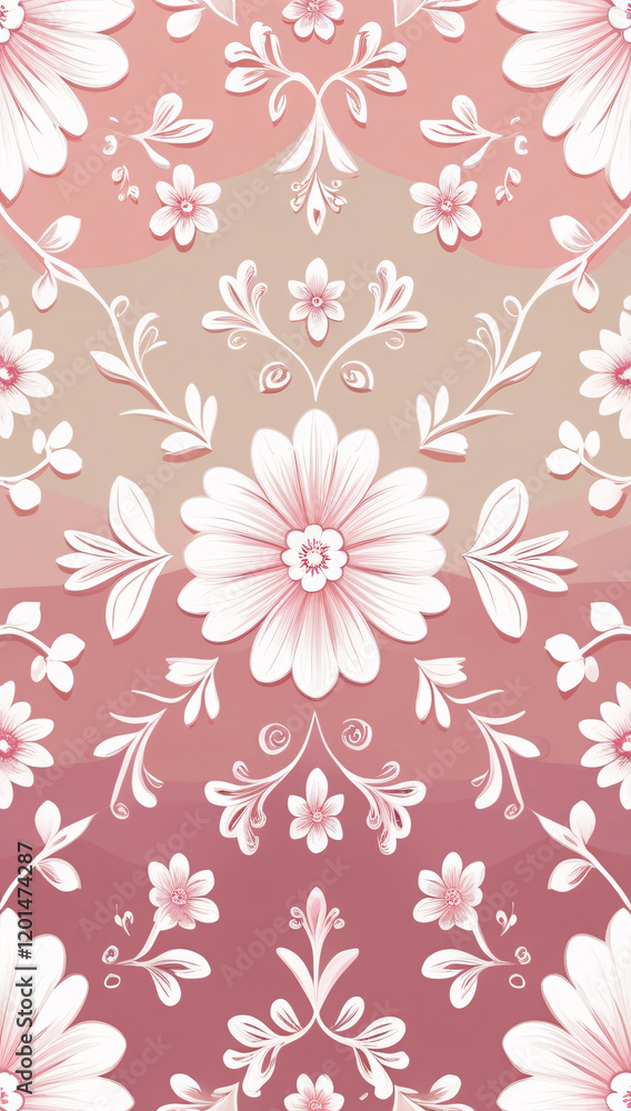 All around, a floral decorative pattern in white and pastel pink tones, symmetrical and harmonious, with a soft background in gradient colors between beige and light pink. All around, a floral decorative pattern in white and pastel pink tones, symmetrical and harmonious, with a soft background in gradient colors between beige and light pink.