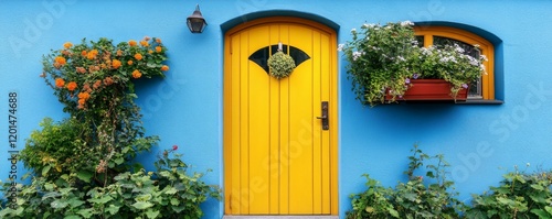 Charming yellow door on a bright blue house adorned with flowers and greenery