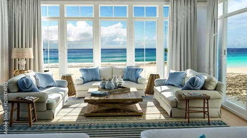 Bright and Airy Living Room with Ocean View Light Sofa, Decorative Pillows, and Wooden Coffee Table Create Serene Atmosphere in this Coastal Decor Beach House.