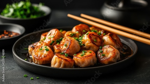 This enticing image captures crispy, pan-fried dumplings topped with aromatic herbs, inviting a delightful culinary experience perfect for sharing with friends. photo