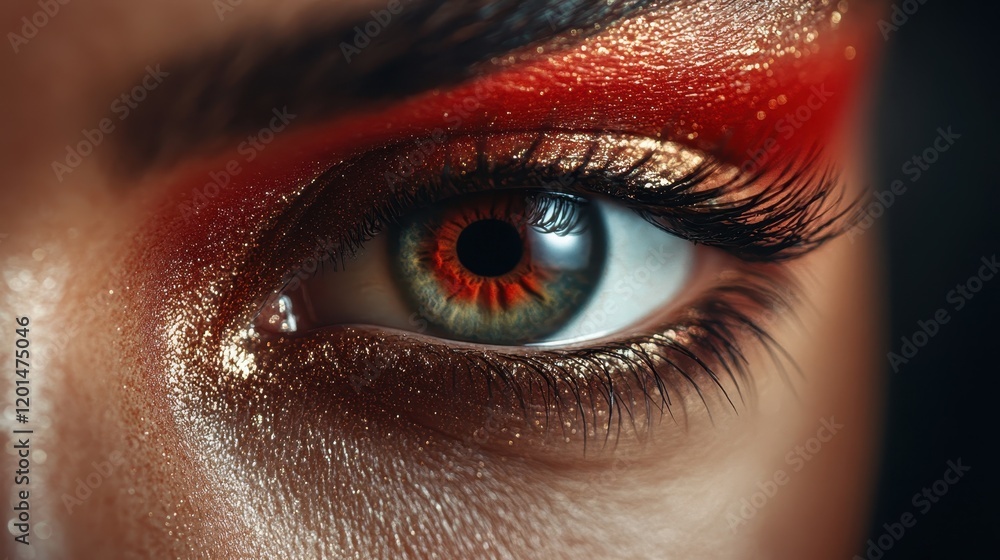 The captivating eye adorned with shimmering gold and red makeup reflects elegance and fierce beauty, creating a stunning visual impact full of personality and emotions. The captivating eye adorned with shimmering gold and red makeup reflects elegance and fierce beauty, creating a stunning visual impact full of personality and emotions.