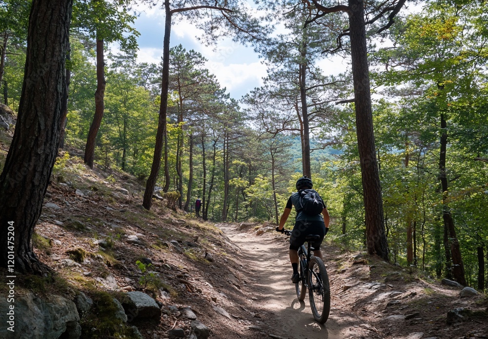 Fototapeta premium Mountain biker rides a trail through a sun-dappled forest.