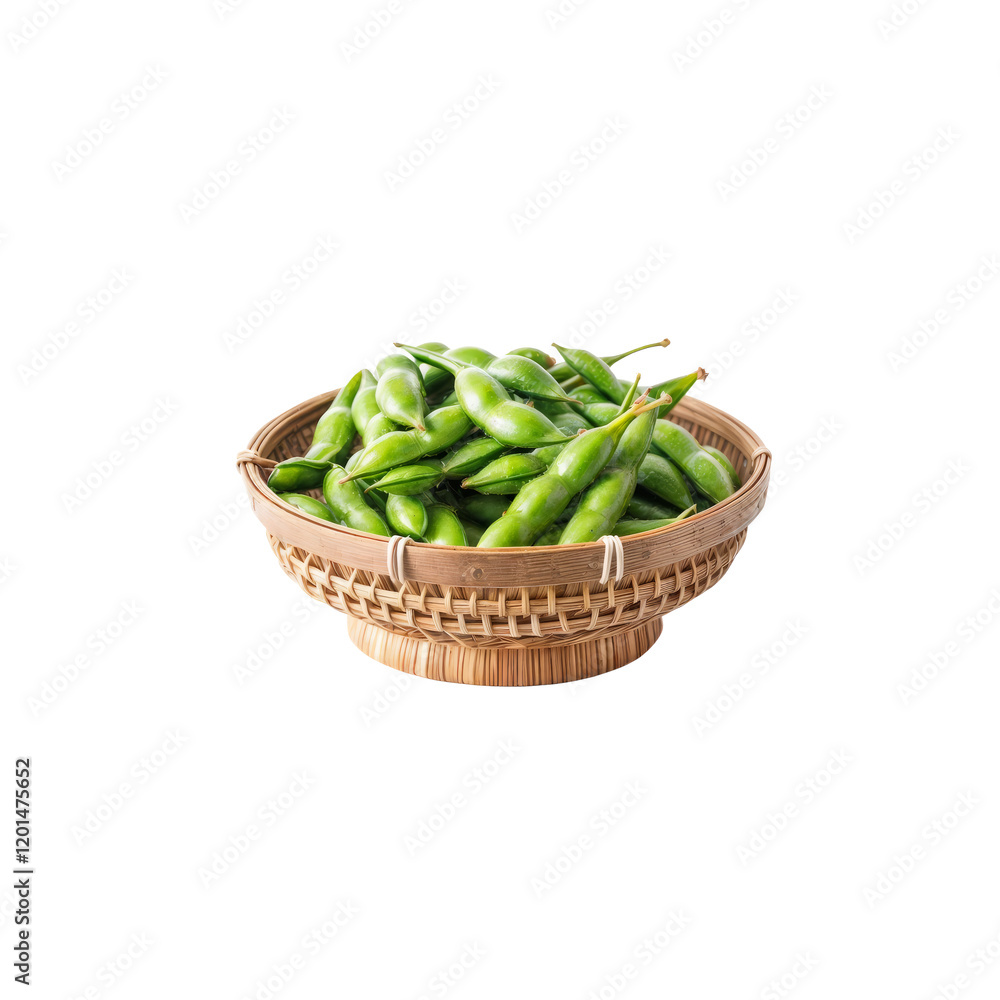 Edamame in a Bowl: A close-up shot of fresh green edamame beans arranged in a rustic woven basket. The vibrant green pods and natural texture create a visually appealing and appetizing scene. Edamame in a Bowl: A close-up shot of fresh green edamame beans arranged in a rustic woven basket. The vibrant green pods and natural texture create a visually appealing and appetizing scene.