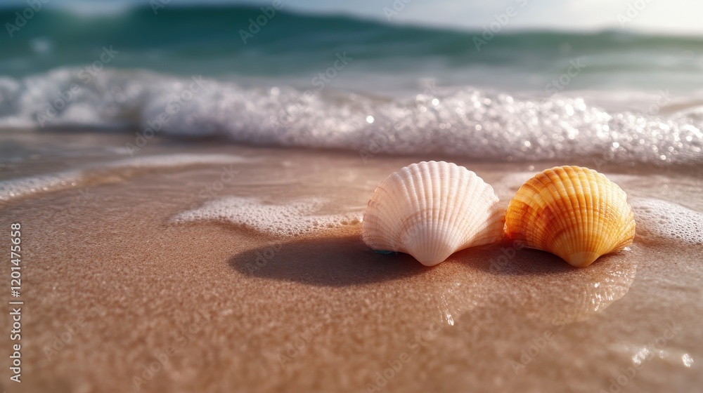 Two stunning seashells are nestled on the sandy beach, caught in the gentle embrace of ocean waves, representing the calm beauty of nature and seaside tranquility. Two stunning seashells are nestled on the sandy beach, caught in the gentle embrace of ocean waves, representing the calm beauty of nature and seaside tranquility.
