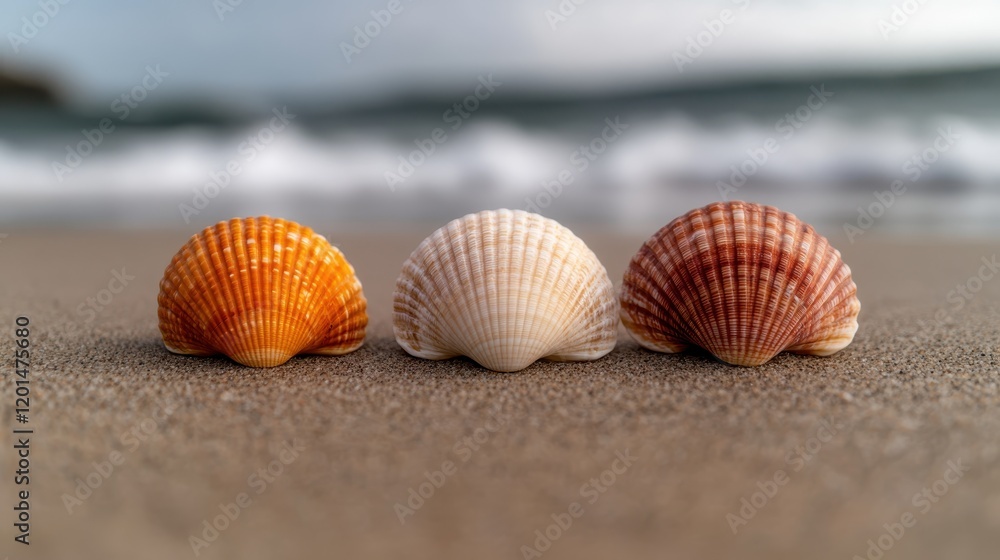 Three unique seashells lay perfectly aligned on the sandy beach, framed by gentle waves, epitomizing the beauty and serenity of coastal environments. Three unique seashells lay perfectly aligned on the sandy beach, framed by gentle waves, epitomizing the beauty and serenity of coastal environments.