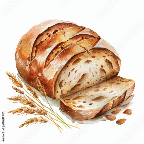 Rustic Sourdough Bread Illustration with Wheat Ears and Nuts