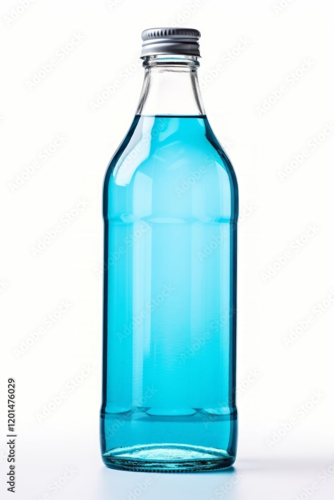 Glass bottle of blue soda water. Metal cork. Isolated on white background. Glass bottle of blue soda water. Metal cork. Isolated on white background.