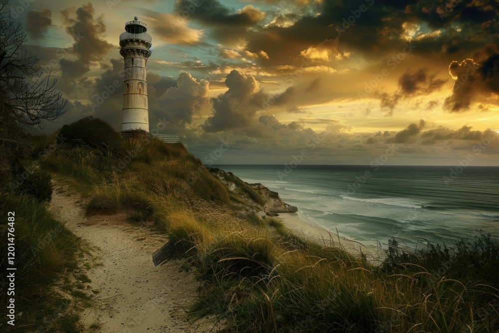Fototapeta premium White lighthouse standing on grassy cliff overlooking ocean waves and sandy beach at golden sunset with dramatic clouds