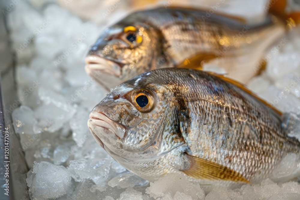 Two freshly caught fish lie on a bed of ice, ready for sale at a bustling fish market Two freshly caught fish lie on a bed of ice, ready for sale at a bustling fish market