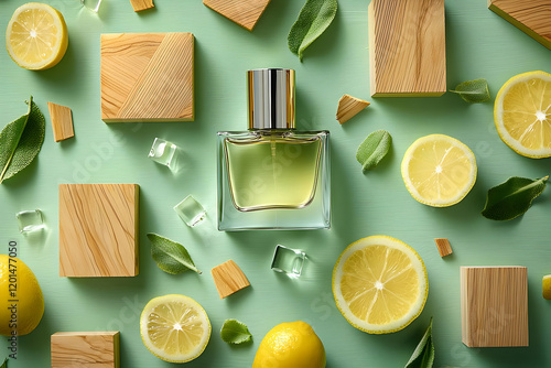 A minimal green background with wood shapes, lemon yellow ingredients, and a refined perfume bottle, creating a harmonious design. photo