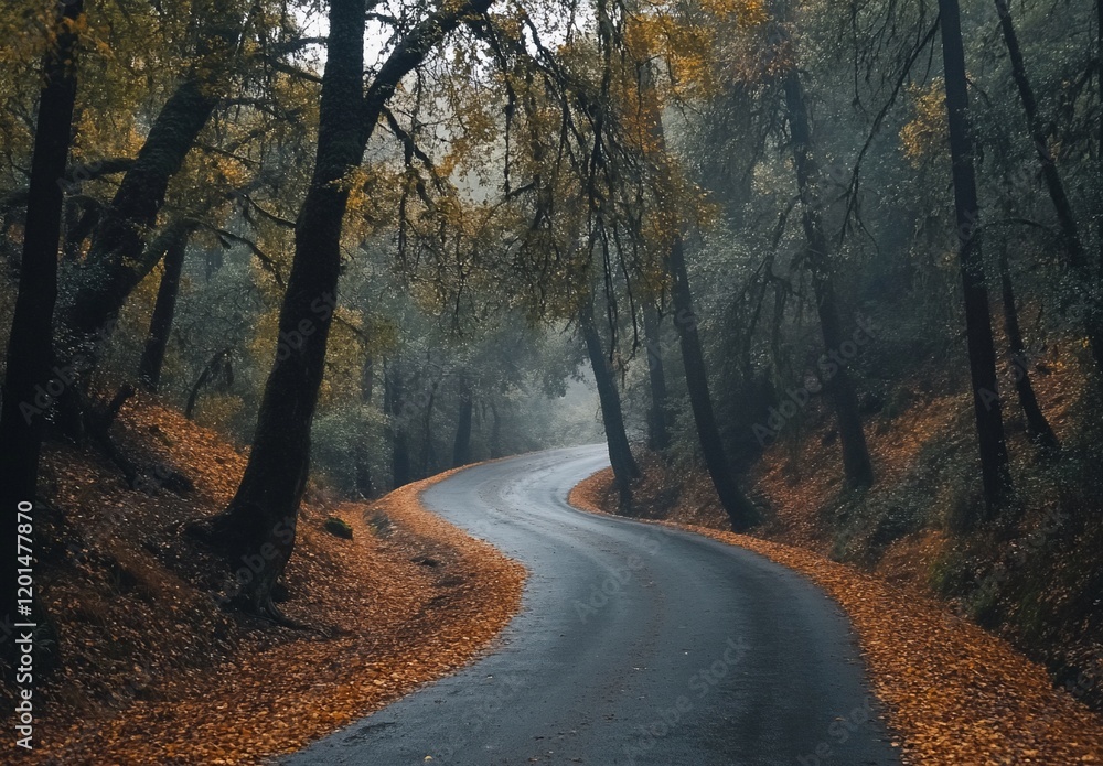 Winding road through autumnal forest, misty, leaves. Winding road through autumnal forest, misty, leaves.