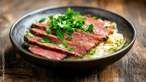 A delicious plate of sliced beef served with fresh cabbage and garnished with parsley for a savory meal. photo