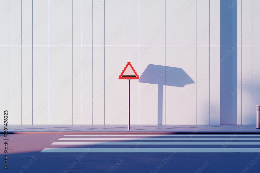 Fototapeta premium Minimalist Cityscape Red Triangle Sign and Crosswalk