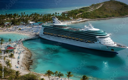 Cruise ship docked at a tropical island, passengers disembarking onto pristine beach. photo