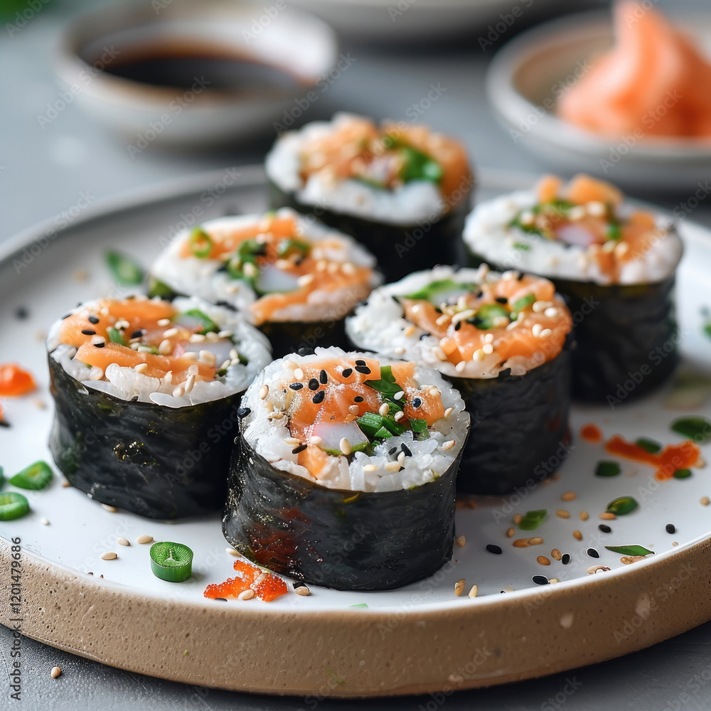 A four sushi rolls filled with spicy salmon on a white plate with a gray background. A four sushi rolls filled with spicy salmon on a white plate with a gray background.