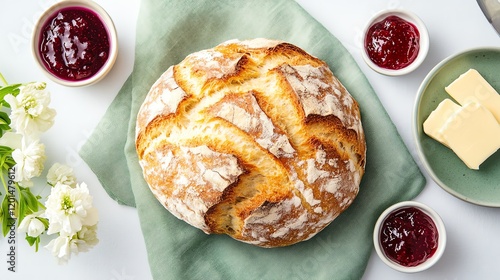 Freshly baked bread on a green cloth with butter and jam offers a delightful culinary experience. photo